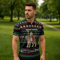 United Arab Emirates Christmas Zipper Polo Shirt with Santa Riding Cheetah Black Snowflake Pattern and Palm Tree - Wonder Print Shop