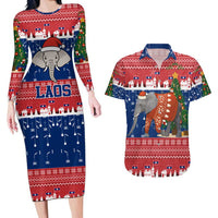 Laos Christmas Couples Matching Long Sleeve Bodycon Dress and Hawaiian Shirt with Festive Elephant Design and Holiday Village Pattern - Wonder Print Shop