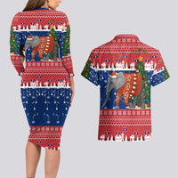 Laos Christmas Couples Matching Long Sleeve Bodycon Dress and Hawaiian Shirt with Festive Elephant Design and Holiday Village Pattern - Wonder Print Shop
