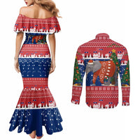 Laos Christmas Couples Matching Mermaid Dress and Long Sleeve Button Shirt with Festive Elephant Design and Holiday Village Pattern - Wonder Print Shop