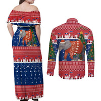 Laos Christmas Couples Matching Off Shoulder Maxi Dress and Long Sleeve Button Shirt with Festive Elephant Design and Holiday Village Pattern - Wonder Print Shop