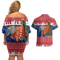 Laos Christmas Couples Matching Off Shoulder Short Dress and Hawaiian Shirt with Festive Elephant Design and Holiday Village Pattern - Wonder Print Shop