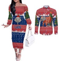 Laos Christmas Couples Matching Off The Shoulder Long Sleeve Dress and Long Sleeve Button Shirt with Festive Elephant Design and Holiday Village Pattern - Wonder Print Shop