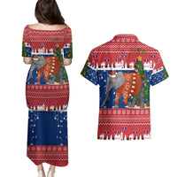 Laos Christmas Couples Matching Puletasi and Hawaiian Shirt with Festive Elephant Design and Holiday Village Pattern - Wonder Print Shop