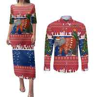 Laos Christmas Couples Matching Puletasi and Long Sleeve Button Shirt with Festive Elephant Design and Holiday Village Pattern - Wonder Print Shop