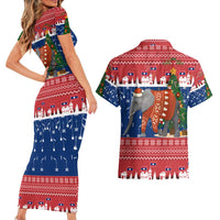 Laos Christmas Couples Matching Short Sleeve Bodycon Dress and Hawaiian Shirt with Festive Elephant Design and Holiday Village Pattern - Wonder Print Shop