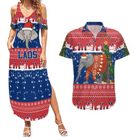 Laos Christmas Couples Matching Summer Maxi Dress and Hawaiian Shirt with Festive Elephant Design and Holiday Village Pattern - undefined