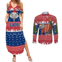 Laos Christmas Couples Matching Summer Maxi Dress and Long Sleeve Button Shirt with Festive Elephant Design and Holiday Village Pattern - Wonder Print Shop