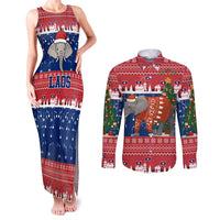 Laos Christmas Couples Matching Tank Maxi Dress and Long Sleeve Button Shirt with Festive Elephant Design and Holiday Village Pattern - Wonder Print Shop