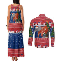 Laos Christmas Couples Matching Tank Maxi Dress and Long Sleeve Button Shirt with Festive Elephant Design and Holiday Village Pattern - Wonder Print Shop