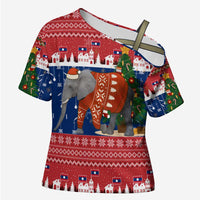 Laos Christmas Cross Shoulder Shirt with Festive Elephant Design and Holiday Village Pattern - Wonder Print Shop