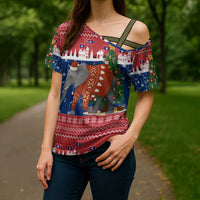 Laos Christmas Cross Shoulder Shirt with Festive Elephant Design and Holiday Village Pattern - Wonder Print Shop