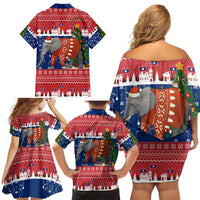 Laos Christmas Family Matching Off Shoulder Short Dress and Hawaiian Shirt with Festive Elephant Design and Holiday Village Pattern - Wonder Print Shop