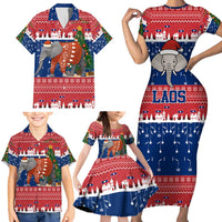 Laos Christmas Family Matching Short Sleeve Bodycon Dress and Hawaiian Shirt with Festive Elephant Design and Holiday Village Pattern - Wonder Print Shop