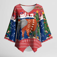 Laos Christmas Kimono Sleeve Blouse with Festive Elephant Design and Holiday Village Pattern - Wonder Print Shop