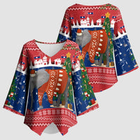 Laos Christmas Kimono Sleeve Blouse with Festive Elephant Design and Holiday Village Pattern - Wonder Print Shop