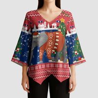 Laos Christmas Kimono Sleeve Blouse with Festive Elephant Design and Holiday Village Pattern - Wonder Print Shop