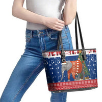 Laos Christmas Leather Tote Bag with Festive Elephant Design and Holiday Village Pattern - Wonder Print Shop