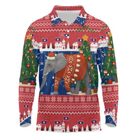 Laos Christmas Long Sleeve Polo Shirt with Festive Elephant Design and Holiday Village Pattern - Wonder Print Shop