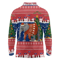 Laos Christmas Long Sleeve Polo Shirt with Festive Elephant Design and Holiday Village Pattern - Wonder Print Shop