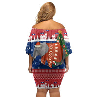 Laos Christmas Off Shoulder Short Dress with Festive Elephant Design and Holiday Village Pattern - Wonder Print Shop