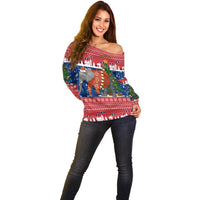 Laos Christmas Off Shoulder Sweater with Festive Elephant Design and Holiday Village Pattern - Wonder Print Shop