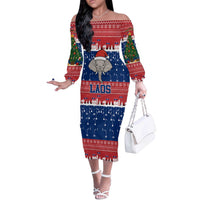 Laos Christmas Off The Shoulder Long Sleeve Dress with Festive Elephant Design and Holiday Village Pattern - Wonder Print Shop