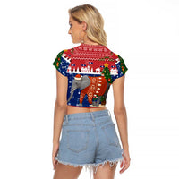 Laos Christmas Raglan Cropped T Shirt with Festive Elephant Design and Holiday Village Pattern - Wonder Print Shop