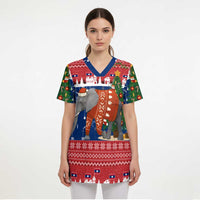 Laos Christmas Scrub Top with Festive Elephant Design and Holiday Village Pattern - Wonder Print Shop
