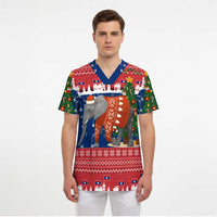 Laos Christmas Scrub Top with Festive Elephant Design and Holiday Village Pattern - Wonder Print Shop