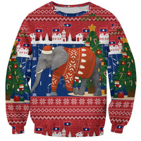 Laos Christmas Sweatshirt with Festive Elephant Design and Holiday Village Pattern - Wonder Print Shop