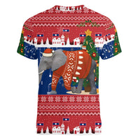 Laos Christmas Women V-Neck T-Shirt with Festive Elephant Design and Holiday Village Pattern - Wonder Print Shop