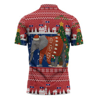 Laos Christmas Zipper Polo Shirt with Festive Elephant Design and Holiday Village Pattern - Wonder Print Shop