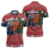 Laos Christmas Zipper Polo Shirt with Festive Elephant Design and Holiday Village Pattern - Wonder Print Shop