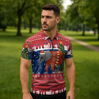 Laos Christmas Zipper Polo Shirt with Festive Elephant Design and Holiday Village Pattern - Wonder Print Shop