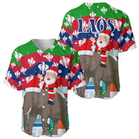 Laos Christmas Baseball Jersey with Santa Riding Elephant and Festive Flag Pattern - Wonder Print Shop