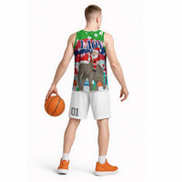 Laos Christmas Basketball Jersey with Santa Riding Elephant and Festive Flag Pattern - Wonder Print Shop