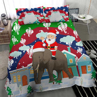 Laos Christmas Bedding Set with Santa Riding Elephant and Festive Flag Pattern - Wonder Print Shop