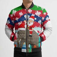 Laos Christmas Bomber Puffer Jacket with Santa Riding Elephant and Festive Flag Pattern - Wonder Print Shop