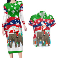 Laos Christmas Couples Matching Long Sleeve Bodycon Dress and Hawaiian Shirt with Santa Riding Elephant and Festive Flag Pattern - Wonder Print Shop