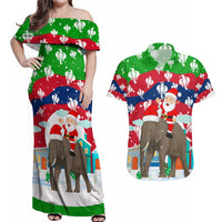 Laos Christmas Couples Matching Off Shoulder Maxi Dress and Hawaiian Shirt with Santa Riding Elephant and Festive Flag Pattern - Wonder Print Shop