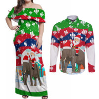 Laos Christmas Couples Matching Off Shoulder Maxi Dress and Long Sleeve Button Shirt with Santa Riding Elephant and Festive Flag Pattern - Wonder Print Shop