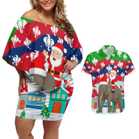 Laos Christmas Couples Matching Off Shoulder Short Dress and Hawaiian Shirt with Santa Riding Elephant and Festive Flag Pattern - Wonder Print Shop