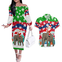 Laos Christmas Couples Matching Off The Shoulder Long Sleeve Dress and Hawaiian Shirt with Santa Riding Elephant and Festive Flag Pattern - Wonder Print Shop