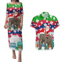 Laos Christmas Couples Matching Puletasi and Hawaiian Shirt with Santa Riding Elephant and Festive Flag Pattern - Wonder Print Shop
