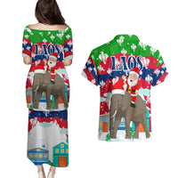 Laos Christmas Couples Matching Puletasi and Hawaiian Shirt with Santa Riding Elephant and Festive Flag Pattern - Wonder Print Shop