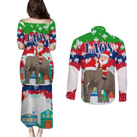 Laos Christmas Couples Matching Puletasi and Long Sleeve Button Shirt with Santa Riding Elephant and Festive Flag Pattern - Wonder Print Shop