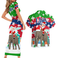 Laos Christmas Couples Matching Short Sleeve Bodycon Dress and Hawaiian Shirt with Santa Riding Elephant and Festive Flag Pattern - Wonder Print Shop