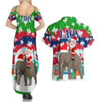 Laos Christmas Couples Matching Summer Maxi Dress and Hawaiian Shirt with Santa Riding Elephant and Festive Flag Pattern - Wonder Print Shop