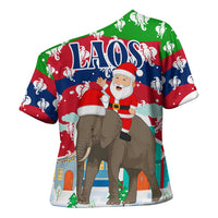 Laos Christmas Cross Shoulder Shirt with Santa Riding Elephant and Festive Flag Pattern - Wonder Print Shop
